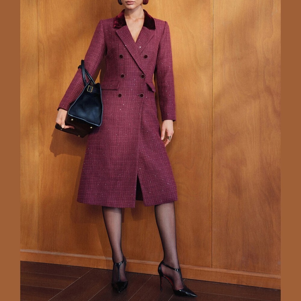 Burgundy Tweed Velvet Collar Double Breasted Midi Coat